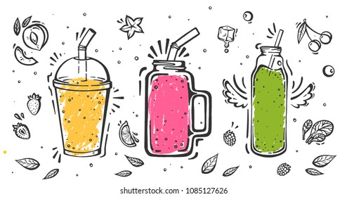 Set of smoothies in different cups. Superfoods and health or detox diet food concept in sketch style. - Shutterstock ID 1085127626