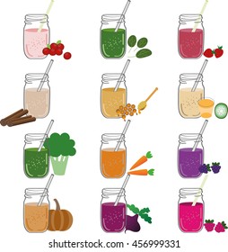 Set smoothies with different Ingredients. Smoothie bar. The collection of health drinks. Vegetarian smoothie in glass jars. Berry, seed, vegetables, fruit cocktails. Drinks for detox and healthy diet.