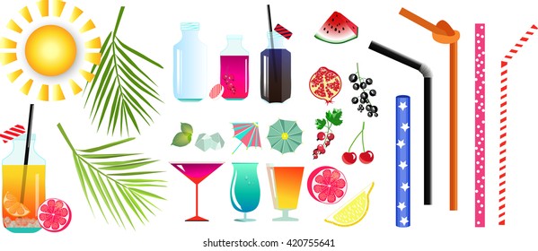Set of smoothies and drinks, straws