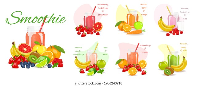 Set of Smoothies. Fresh fruits and berries. Fresh fruits, healthy food, detox, vegan concept. Vector illustration for poster, banner, advertising.