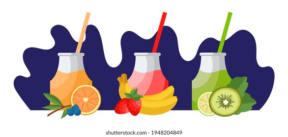 Set of smoothies from fruits and berries vector illustration in flat style.