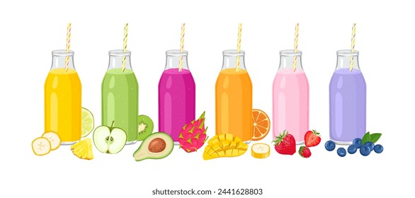 Set of smoothies in glass bottles with straw, fresh berry and fruits. Vector cartoon illustration of healthy cocktails.