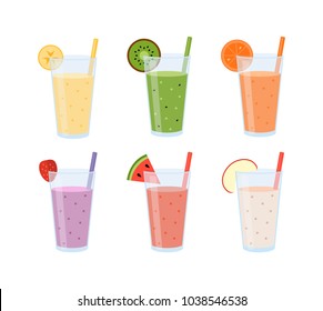 Set of smoothies in glasses with fresh fruits isolated on white background. Concept for cocktail menu bar. Vector illustration in flat design.