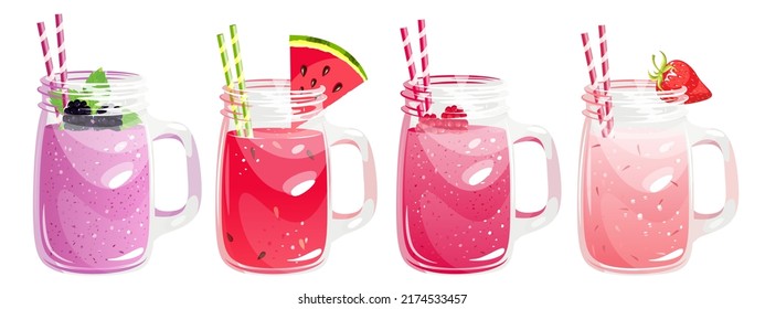 A set of smoothies in jars.Summer refreshing cocktails with strawberries, raspberries, watermelon.blackberries.Vector illustration.