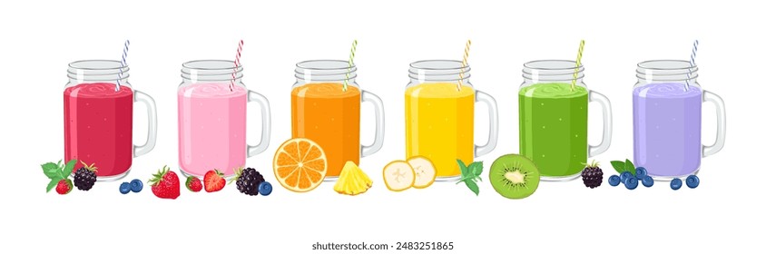 Set de batidos en vaso de tarro de albañil con pajitas, bayas frescas y frutas. Ilustración de dibujos animados de Vector de cócteles saludables.