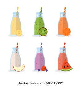 Set of smoothies or milkshakes in jars with ingredients isolated on white background. Concept for cocktail menu bar. Vector illustration in flat design.