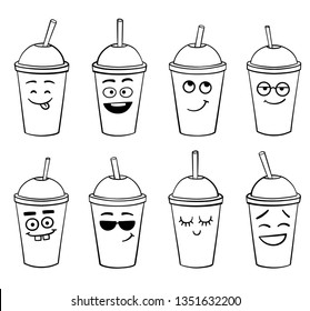 Set of smoothies in plastic cups illustration with cute characters. Different funny emoticon cocktails with smiling human faces. Cartoon isolated on white background for icon, sticker, card, avatar