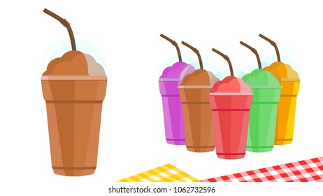 Set of smoothies in plastic glass with different flavors on transparent background. Healthy juice to go take away. Flat style vector design.