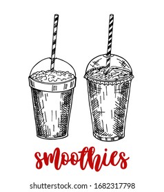 Set of smoothies. Superfoods and health or detox diet food concept in sketch style.