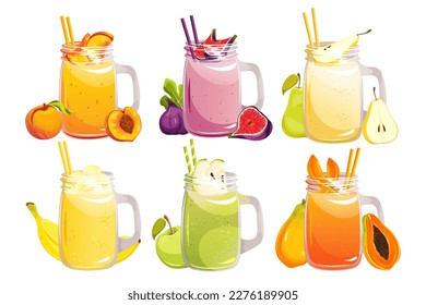 A set of smoothies.Banana, pear, apple, papaya, fig, peach smoothies in glass jars.Fresh fruit cocktail.Vector illustration.