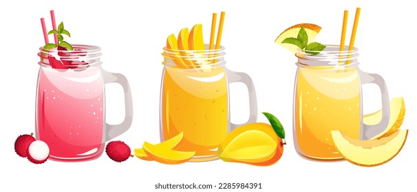 Eine Reihe von Smoothies.Mango Smoothie, Smoothie mit Lychee, Melone in Gläsern.Frischer Obstcocktail.Vektorgrafik.