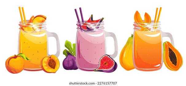 A set of smoothies.Peach smoothie, smoothie with figs, papaya in glass jars.Fresh fruit cocktail.Vector illustration.