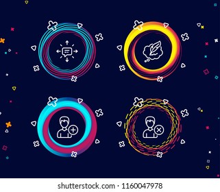 Set of Sms, Add person and copyright chat icons. Remove account sign. Conversation, Edit user data, Speech bubble. Delete user.  Circle banners with line icons. Gradient colors shapes. Vector