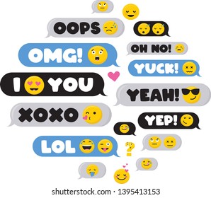 Set of SMS bubbles messages with dialog words and emoji-Vector illustration