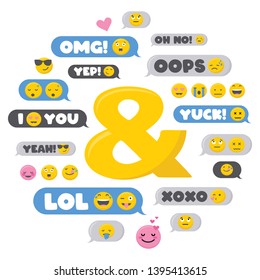 Set of SMS bubbles messages with dialog words and emoji-Vector illustration