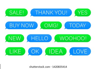 Set of SMS bubbles messages with dialog words. Vector stock illustration.
