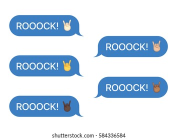 Set of SMS bubbles messages with dialog words and emoji. Vector illustration. Rock word and greeting gesture