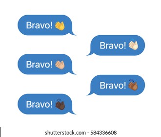 Set of SMS bubbles messages with dialog words and emoji. Vector illustration. Bravo word and applause gesture