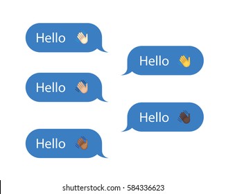 Set of SMS bubbles messages with dialog words and emoji. Vector illustration. Hello word and greeting gesture
