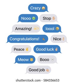 Set of SMS bubbles messages with dialog words and emoji. Vector illustration.