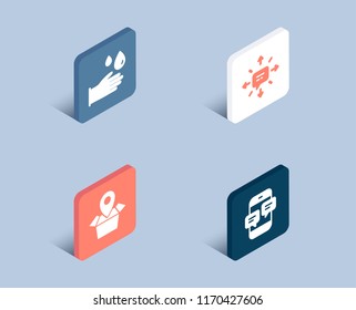 Set of Sms, Package location and Rubber gloves icons. Phone messages sign. Conversation, Delivery tracking, Hygiene equipment. Mobile chat.  3d isometric buttons. Flat design concept. Vector