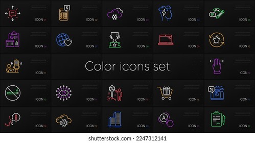 Set of Sms, Snow weather and Clipboard line icons. Include Travel loan, Laptop, Ab testing icons. Winner cup, Report, Friends world web elements. Artificial intelligence, Shopping cart. Vector