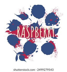 Set of smudged blue raspberries with red spots and text. Flag colors. Vector image.