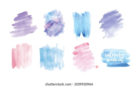 Set of smudges or smears hand painted with watercolor isolated on white background. Collection of expressive paint traces of pastel colors, aquarelle backdrops. Colorful vector illustration.