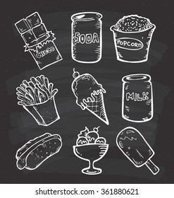 Set of snack doodle on chalkboard background