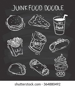 Set of snack doodle on chalkboard background with burger, pizza, soft drink, french fries, potato chip, hot dog, taco, burrito and ice cream cone