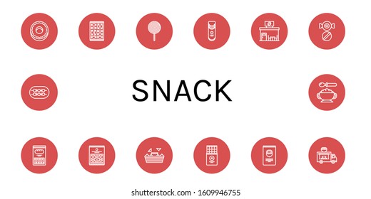 Set of snack icons. Such as Donut, Candy, Lollipop, Crisps, Coffee shop, Cracker, Nachos, Chocolate bar, Nuts, Food truck, Shish kebab, Baby food , snack icons