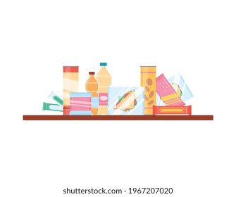 Conjunto de snacks para tienda minorista o máquina expendedora. Botellas de comida rápida y bebidas, patatas fritas, sándwiches y chocolate. Ilustración vectorial de caricatura plana aislada en blanco