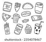Set of snack vector illustrations in hand-drawn style isolated on white background. Snack doodle illustration