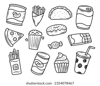 Set von Snack-Vektorgrafiken in handgezeichnet Stil einzeln auf weißem Hintergrund. Snack-Doodle-Illustration