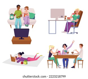 Set of snacking people in different situations flat style, vector illustration isolated on white background. Men and women enjoying food in company and alone, working and resting