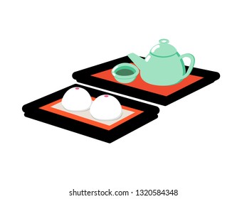 Set snacks, 2 buns and hot green tea. Vector illustration used for food, relaxation or various art clips.