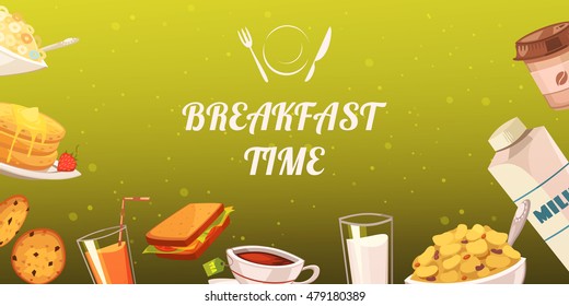 Set of snacks for breakfast on mustard background with drinks toasts flake cakes baked goods flat vector illustration