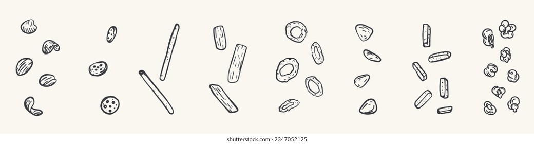 Establezca los elementos de aperitivos en un estilo vintage dibujado a mano. Patatas fritas, galletas, palos de pan, anillos de cebolla, nachos, palomitas, patatas fritas, galletas. Ilustración vectorial monocroma.