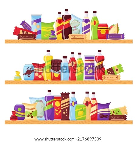 Set of snacks, fast food and drinks products on the shelves. Beverage bottles, sandwich in pack, soda and juice for supermarket. Food store elements for market design, cartoon style vector.
