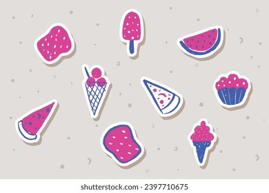 Set of snacks, ice cream, pizza, watermelon stickers. Stylized hand drawn Vector illustration for journaling, daily planner and diaries. Cute sticker template.