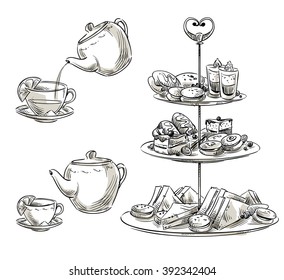 Set of snacks on a tray. Teatime. Vector sketch. 