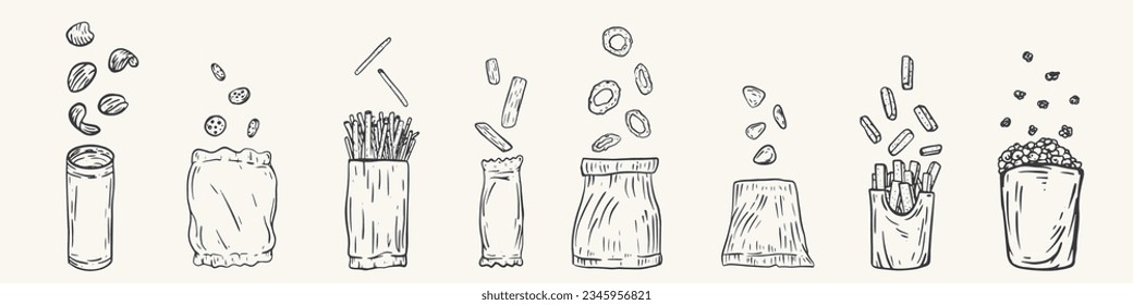 Establece paquetes de aperitivos con elementos voladores en estilo vintage dibujado a mano. Patatas fritas, galletas, palos de pan, anillos de cebolla, nachos, palomitas, patatas fritas, galletas. Ilustración vectorial monocroma.