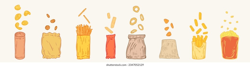 Set snacks packages with flying elements in hand drawn vintage style. Potato chips, crackers, bread sticks, onion rings, nachos, popcorn, french fries, cookies. Color vector illustration.