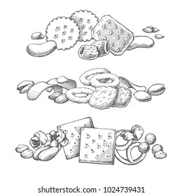 Set snacks sketch vector illustration border composition. Hand drawn illustration - crackers, nuts, dried fruits, popcorn, seeds