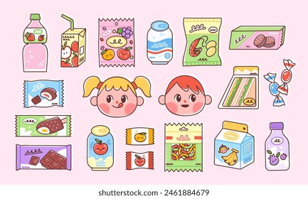 Set of snacks that children like. Vector illustration of cute kids and quick lunch options including chips, juice, banana milk, candy, soda, yogurt, chocolate and sandwiches. Trendy flat style.