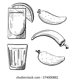 Set snacks to vodka. Two glasses of vodka. Cucumber, pepper, lemon. Vector illustration in a sketch style