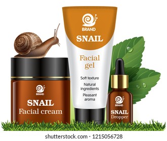 Set of snail cosmetic. Facial cream, gel and dropper. Label, sticker. Mock up vector illustration.
