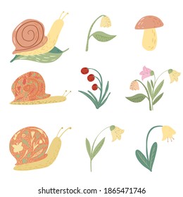 Set snail and flower on white background. Funny cartoon character: snail, lily of the valley, bellflowers, mushroom, leaf, berry in doodle style vector illustration.