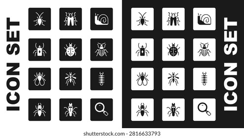Set Snail, Mite, Beetle bug, Cockroach, Chafer beetle, Centipede and Insect fly icon. Vector