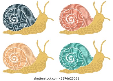 Set of snail silhouettes. Character snail. Vector graphics.